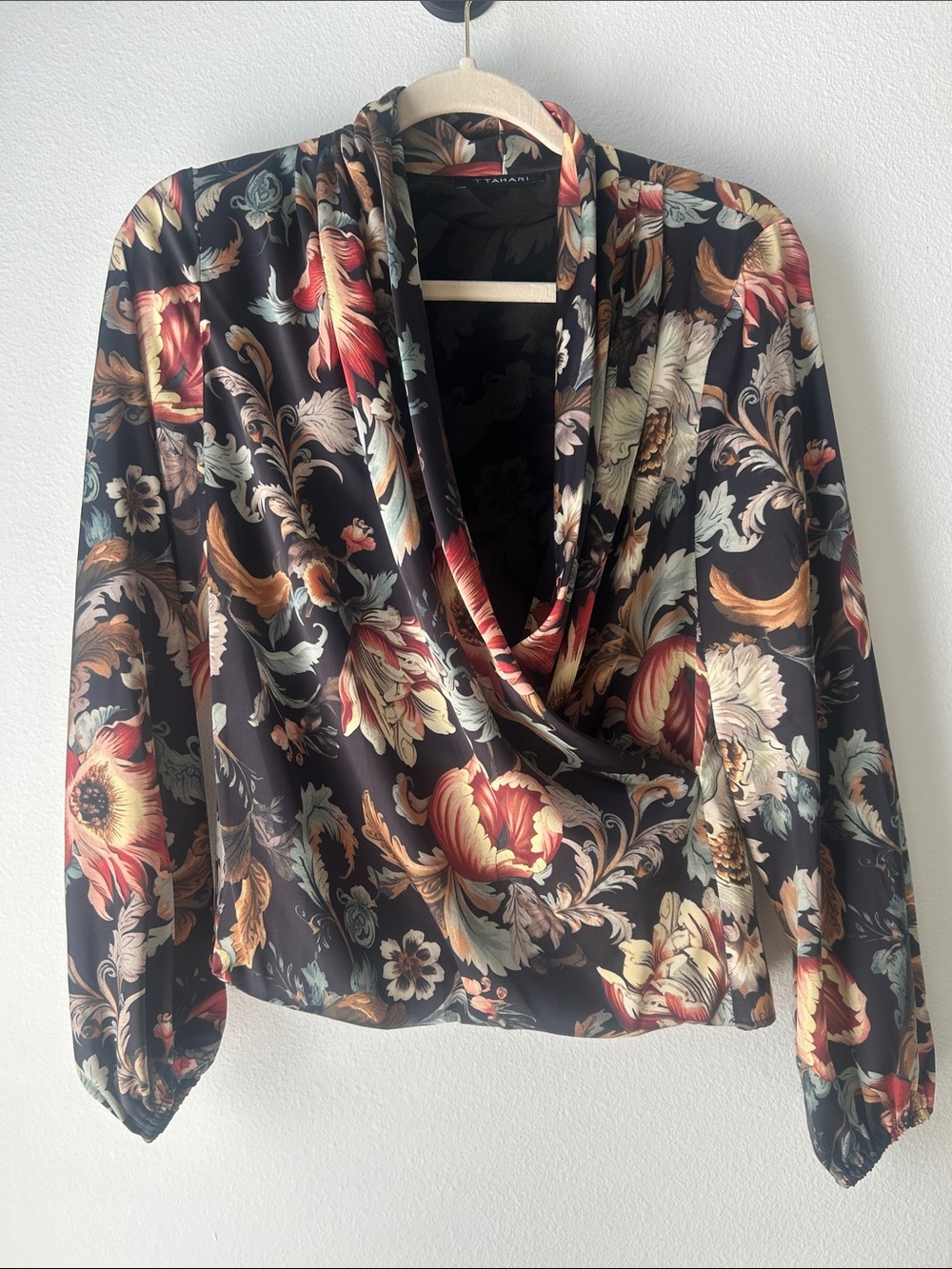 T Tahari Black Floral Cowl Neck Blouse with Red and Cream Accents